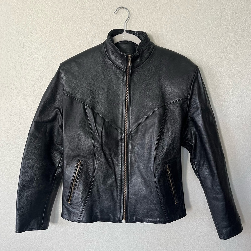 Motorcycle Apparel Industry Shaf Black Motorcycle Leather Jacket Men’s Size L